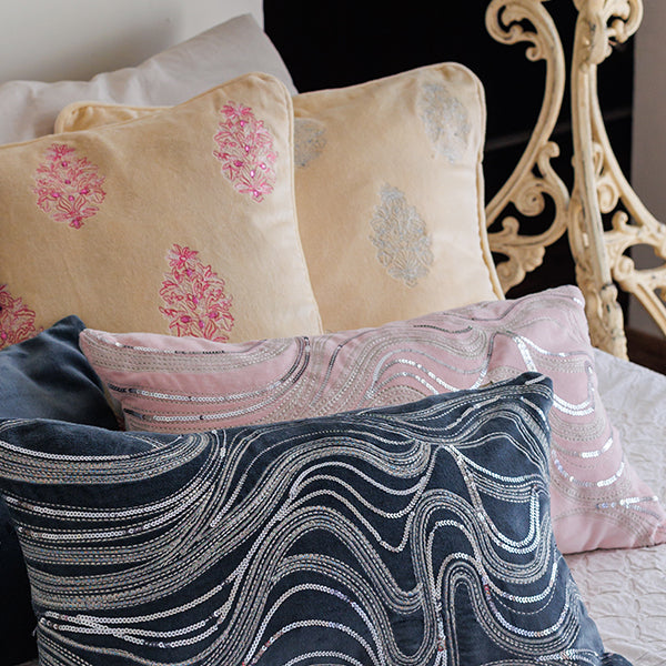 Blue Embroidered Velvet Cushion Cover