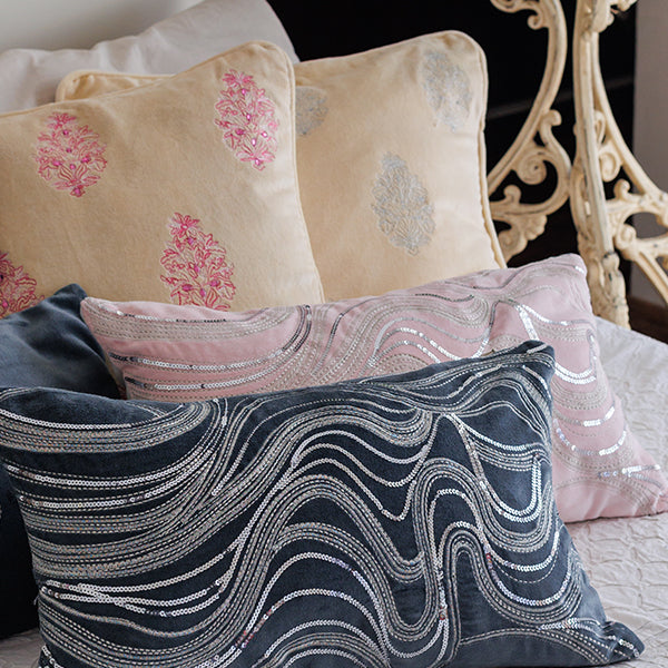 Blue Embroidered Velvet Cushion Cover