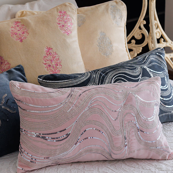 Blue Embroidered Velvet Cushion Cover